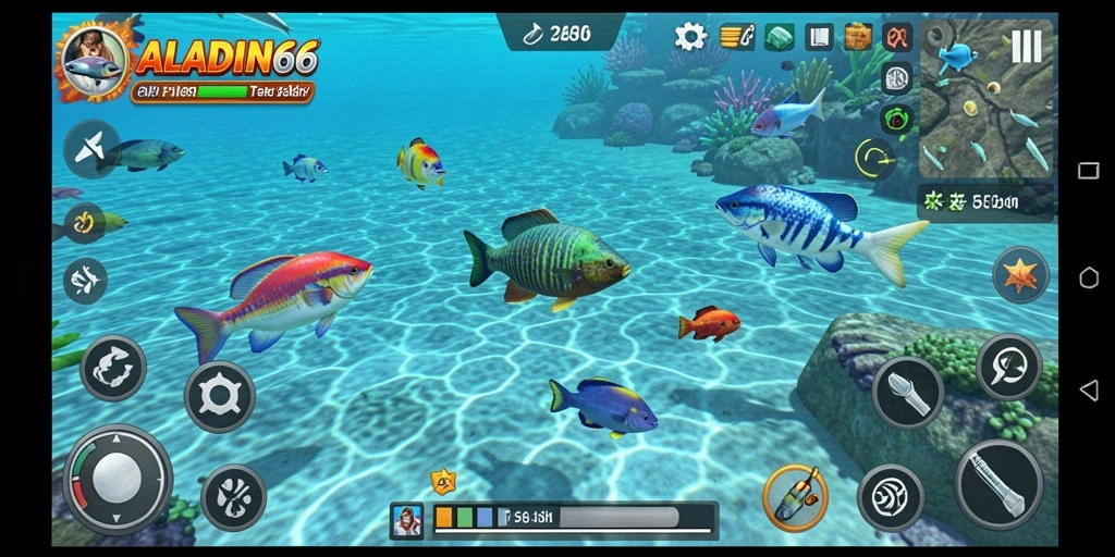 Screenshot menampilkan gameplay seru ALADIN66 dengan ikan beraneka ragam.
