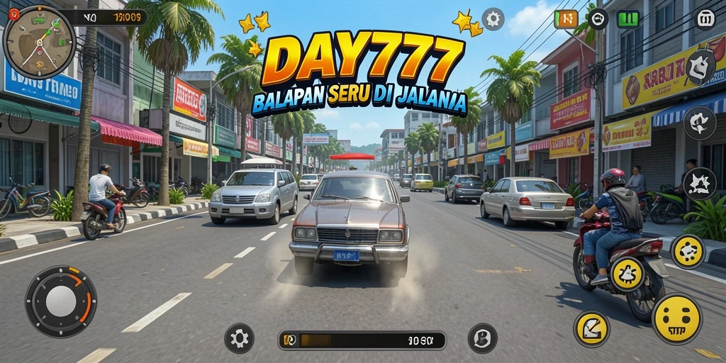 Tampilan gameplay DAY777 dengan mobil balap di lintasan yang menegangkan.
