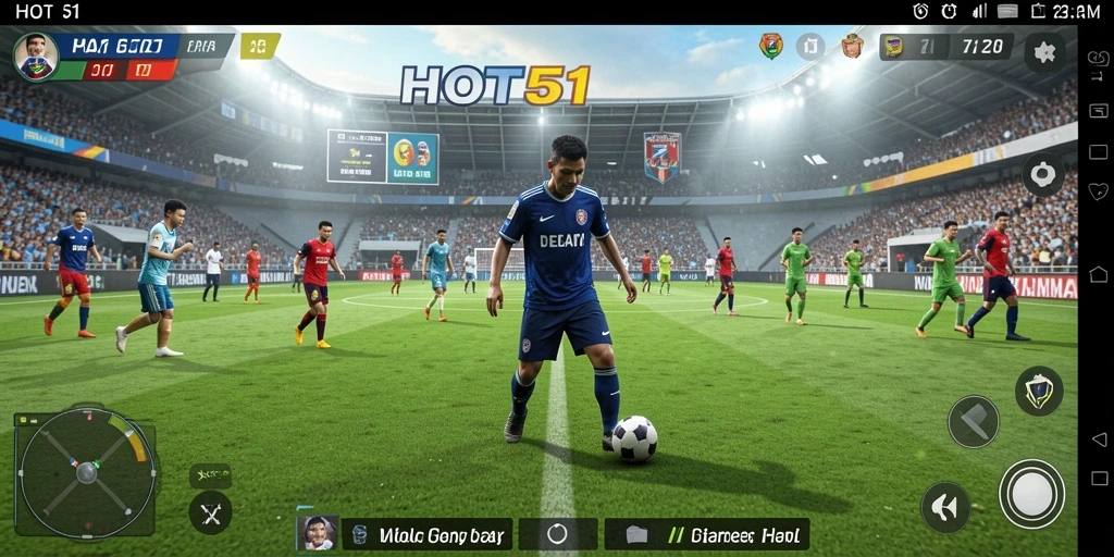 Screenshot gameplay HOT51 menampilkan aksi seru di lapangan sepak bola.