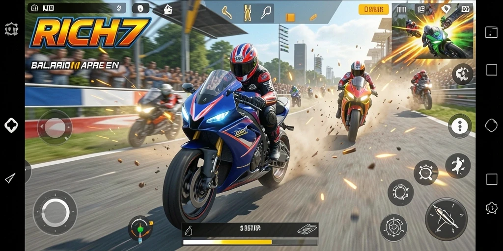 Gameplay RICH7 yang seru dan mendebarkan saat balapan motor.