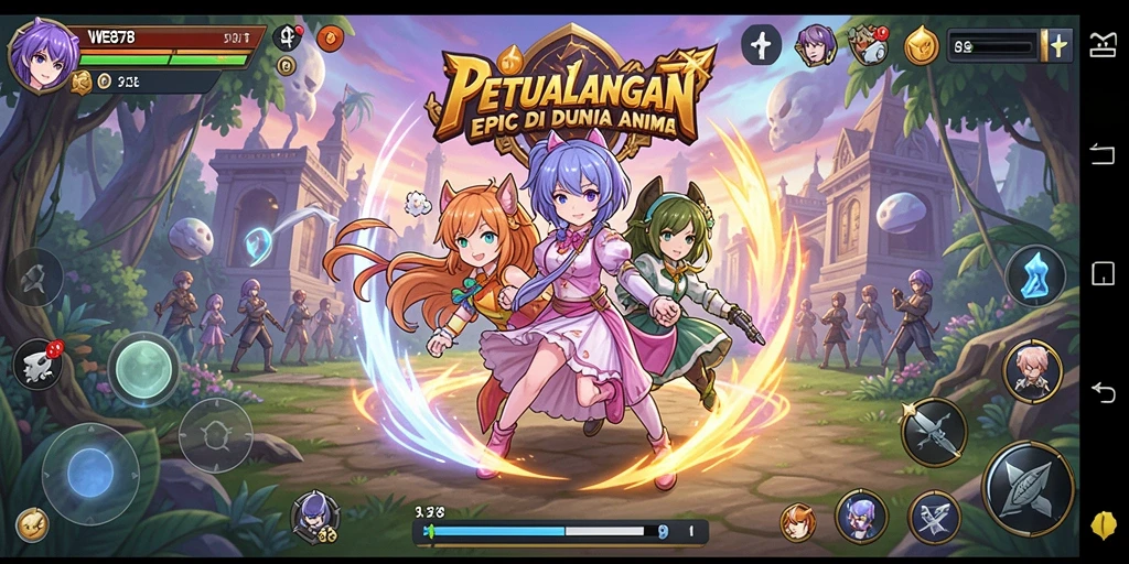 Screenshot gameplay WE878 dengan aksi karakter anime yang menakjubkan.